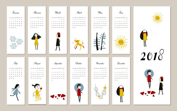 Creative calendar 2018, concept, vector editable template. Graphic illustration of people, dog. Vertical