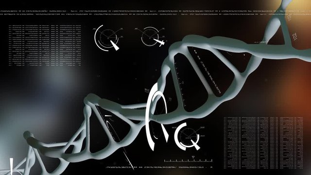DNA. Rotating blue DNA with formula and data processing background. Genetic engineering scientific concept. The flying particles. Realistic background. 3D animation.