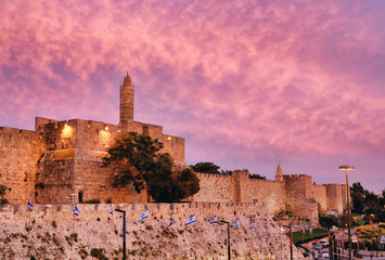 Walls of Ancient City at sunset, David's tower and citadel, Jerusalem, Israel