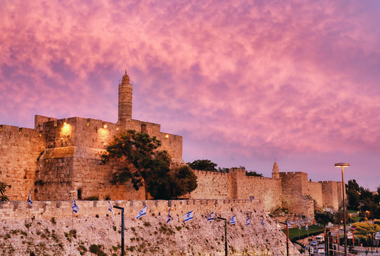 Walls of Ancient City at sunset, David's tower and citadel, Jerusalem, Israel