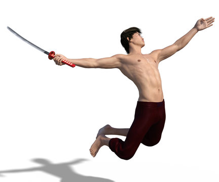 3d render of a young strong Asian sword fencer isolated on white