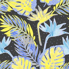 Poster Abstracte tropische bladeren, bloem met aquarel ruwe grunge textuur, doodles op minimale achtergrond. © Tanya Syrytsyna
