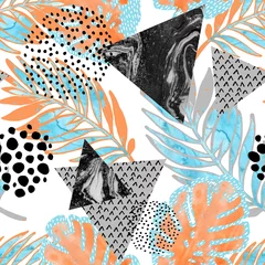 Poster Abstract tropical leaves, flower with watercolor rough grunge texture, doodle elements on white background. © Tanya Syrytsyna