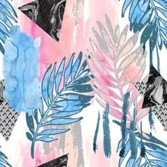 Poster de jardin Impressions graphiques Feuilles tropicales abstraites remplies de texture grunge rugueuse aquarelle, éléments de griffonnage sur fond teinté.