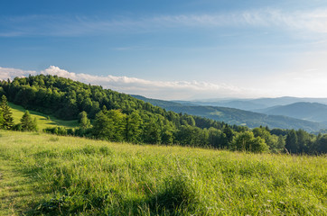 Fototapeta na wymiar Beskidy mountains panorama, Poland landscape, green spring meadow, 
