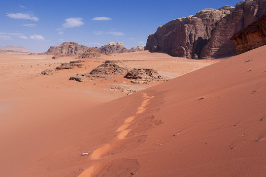 Human tracks in the sand in Wadi Rum Jordan 
