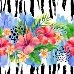 Foto op Canvas Hand painted artwork: watercolor tropical leaves and flowers on brush strokes background © Tanya Syrytsyna