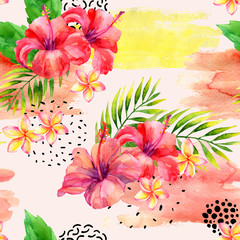 Hand painted watercolor tropical leaves and flowers on dry rough brush stroke background.