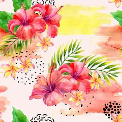 Zelfklevend Fotobehang Hand painted watercolor tropical leaves and flowers on dry rough brush stroke background. © Tanya Syrytsyna