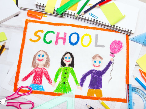 Colorful drawing with word "school" and school accessories