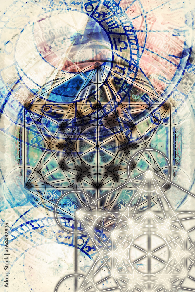 Poster light merkaba and zodiac and abstract background. sacred geometry.