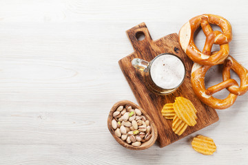 Lager beer and snacks
