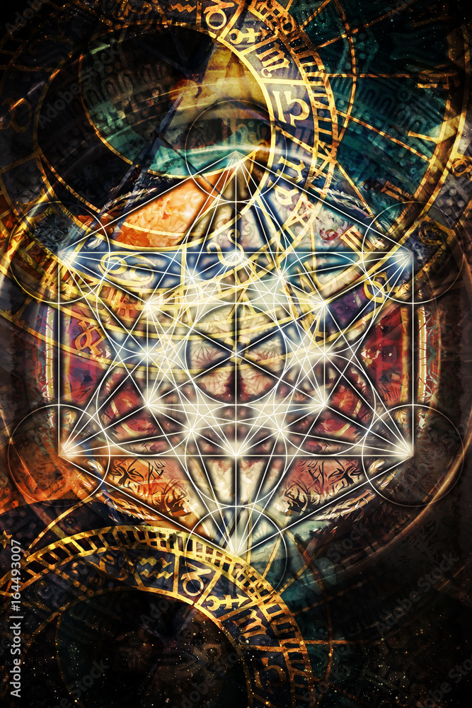 Aufkleber light merkaba and zodiac in cosmic space. sacred geometry.