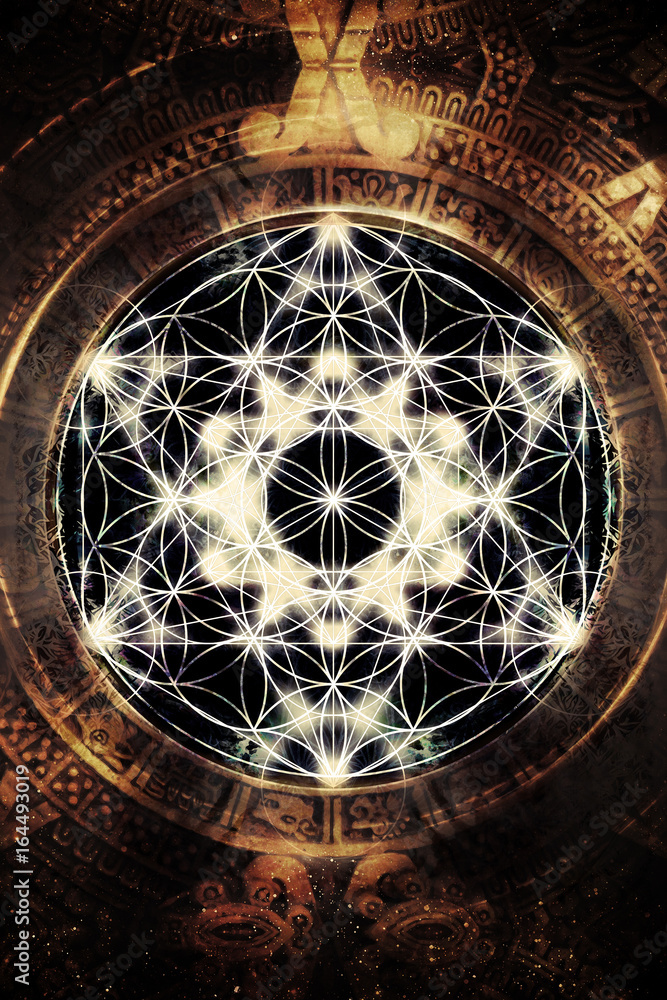 Poster light merkaba and flower of life in cosmic space. sacred geometry.