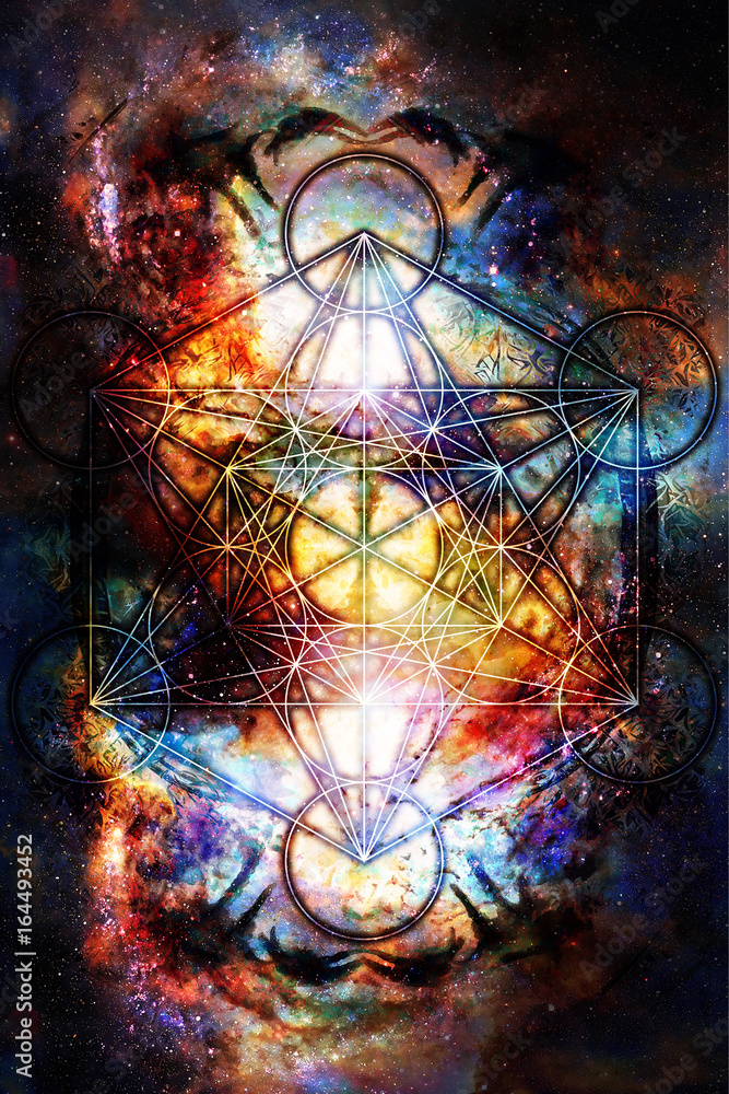 Poster light merkaba in cosmic space. sacred geometry.