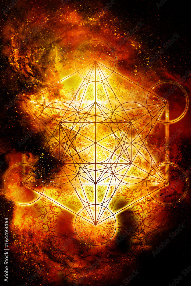 Poster light merkaba in cosmic space. sacred geometry. fire effect.