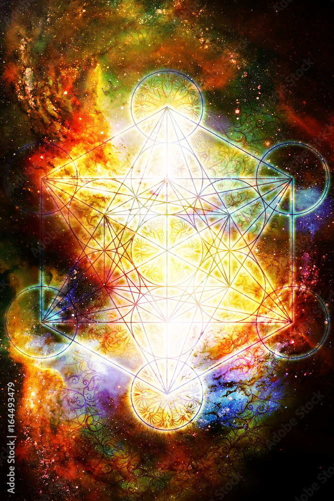 Poster light merkaba in cosmic space. sacred geometry.