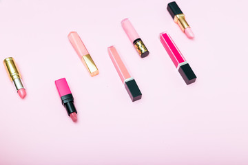 Obraz premium creative composition make up on pink background. isometric