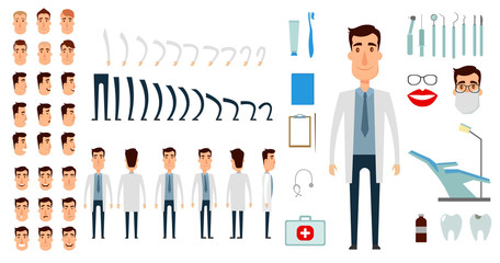 Dentist character creation set. Icons with different types of faces, emotions, clothes. Front, side, back view of male person. Moving arms, legs. Flat and cartoon style. Vector illustration.