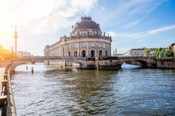 Beautiful riverside view on the Bode museum during the sunrise in Berlin city