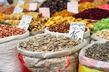 JERUSALEM, ISRAEL - APRIL 2017 Large sacks of spices and seeds, dried fruits in Market - Mahane Yehuda in Jerusalem, Israel