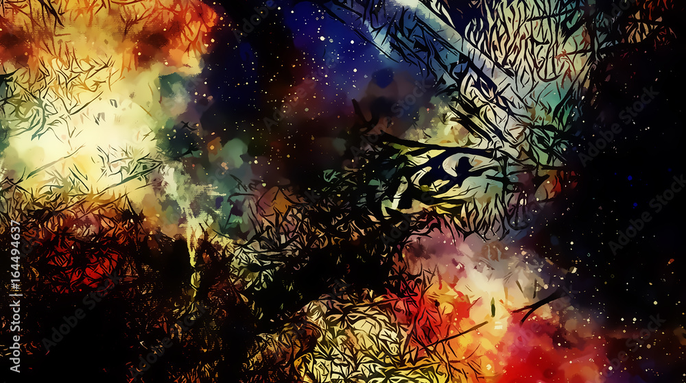 Poster cosmic space and stars, color cosmic abstract background and black fractal structure.