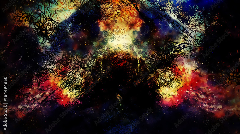 Poster cosmic space and stars, color cosmic abstract background and black fractal structure.