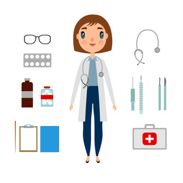 A doctor set of a woman with medicine elements. Flat and cartoon style. Vector illustration on white background.