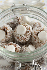 Coconut mushrooms a mushroom shaped sweet covered with desiccated coconut with a fondant stalk