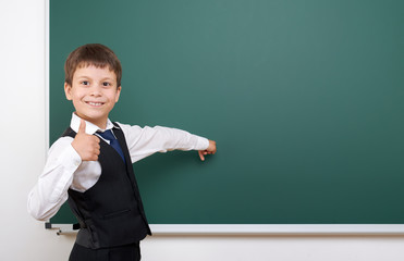 Pupil posing at school board, empty space, education concept