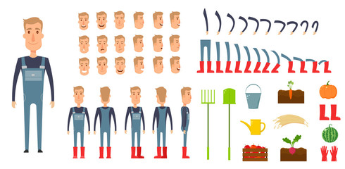 Farmer character creation set. Icons with different types of faces, emotions, clothes. Front, side, back view male person. Moving arms, legs. Chair. Board. Flat and cartoon style. Vector illustration.
