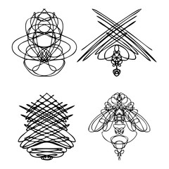 Set of symmetrical graphic design elements. Abstract geometric hand drawn symbols styles shapes. Occultism, sacred geometry magic alien. Vector.