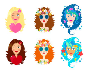 Set of Faces of cute girls with smile. Cartoon and flat style. Design element. White background. Vector illustration.