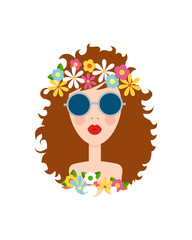 Face of cute girl with smile. Cartoon and flat style. Design element. White background. Vector illustration.