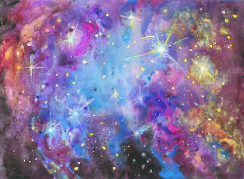 Watercolor space abstract background. Hand drawn stars, galaxy, nebula, dust, night sky, stars, cosmos. Painting astronomy illustration in vintage style © Cincinart
