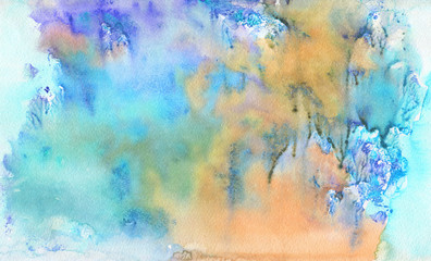 Watercolor colorful abstract background. Hand drawn blue, yellow, purple splashes. Painting wet illustration in vintage style