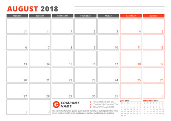 Calendar Template for 2018 Year. August. Business Planner 2018 Template. Stationery Design. Week starts on Monday. 3 Months on the Page. Vector Illustration