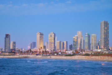 TEL AVIV, ISRAEL - APRIL, 2017: TEL AVIV, ISRAEL - APRIL, 2017: Evening view of the skyscrapers of Tel Aviv from the Mediterranean Sea.