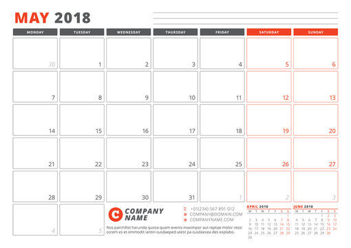 Calendar Template for 2018 Year. May. Business Planner 2018 Template. Stationery Design. Week starts on Monday. 3 Months on the Page. Vector Illustration