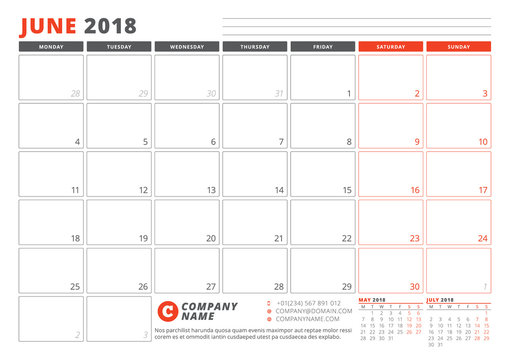 Calendar Template for 2018 Year. June. Business Planner 2018 Template. Stationery Design. Week starts on Monday. 3 Months on the Page. Vector Illustration