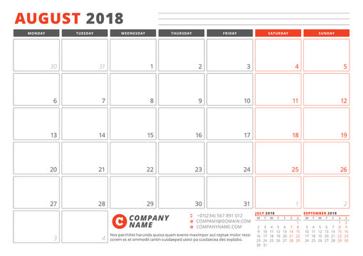 Calendar Template for 2018 Year. August. Business Planner 2018 Template. Stationery Design. Week starts on Monday. 3 Months on the Page. Vector Illustration