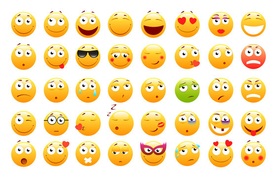 Set of 3d cute Emoticons. Emoji and Smile icons. Isolated on white background. vector illustration.