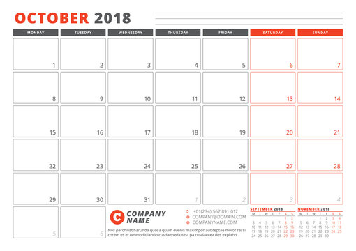Calendar Template for 2018 Year. October. Business Planner 2018 Template. Stationery Design. Week starts on Monday. 3 Months on the Page. Vector Illustration