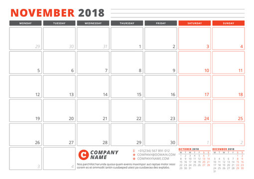 Calendar Template for 2018 Year. November. Business Planner 2018 Template. Stationery Design. Week starts on Monday. 3 Months on the Page. Vector Illustration