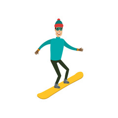 A man, boy, young person snowboarding in the mountains. Different background. Flat and cartoon style. Vector illustration.
