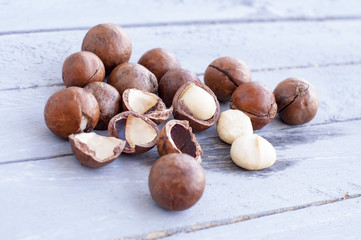 Macadamia is an Australian nut, a Kindal. On a wooden fob is a gray-blue color.