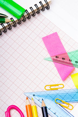 School background with colorful accessories frame