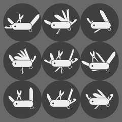 Variation of folding knife flat icon vector; Different Folding army knife; multi-tool instrument sign vector isolated