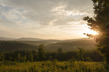 Fototapeta na wymiar hills in morning light outdoor scene of green land. summer hiking landscape outdoor