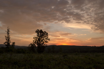 cloudy vibrant outdoor sunrise in summer. sunrise in nature in summer 
